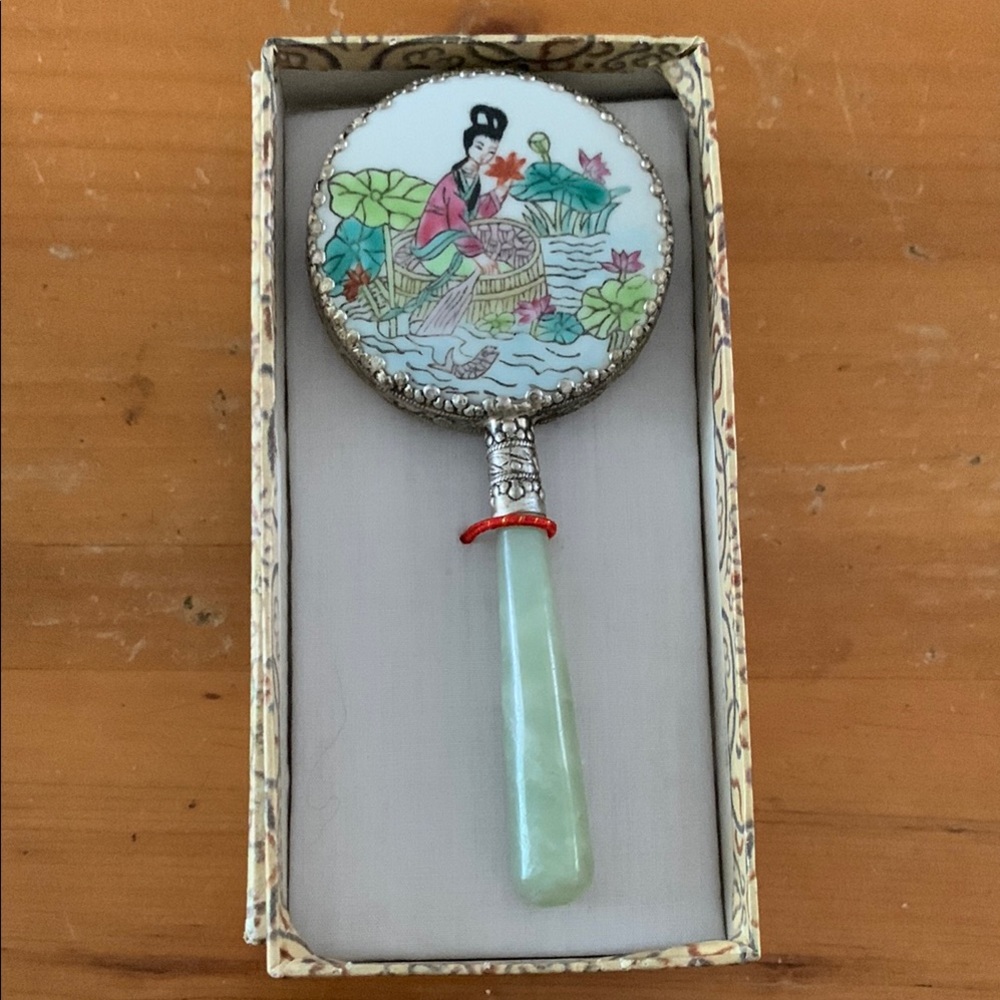 Vintage Handheld Mirror with Jade Handle